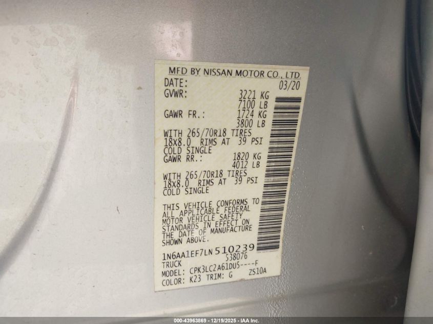 2020 Nissan Titan Sv 4X2 VIN: 1N6AA1EF7LN510239 Lot: 43963869