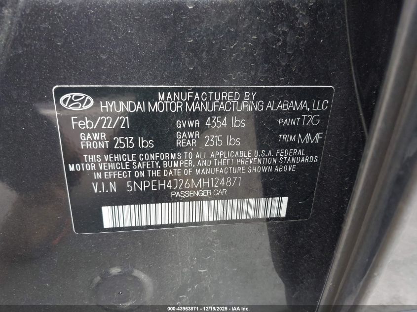 2021 Hyundai Sonata Limited VIN: 5NPEH4J26MH124871 Lot: 43963871