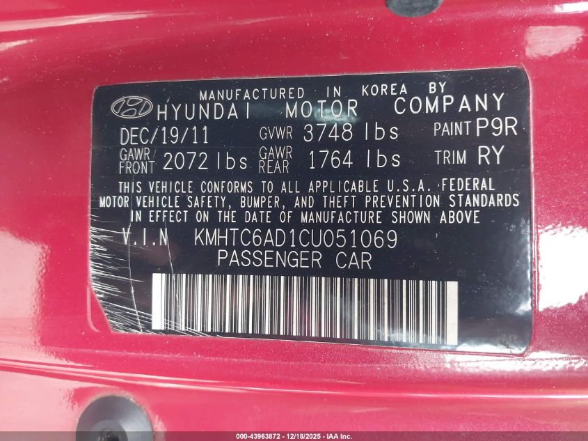 2012 Hyundai Veloster Base W/Gray VIN: KMHTC6AD1CU051069 Lot: 43963872