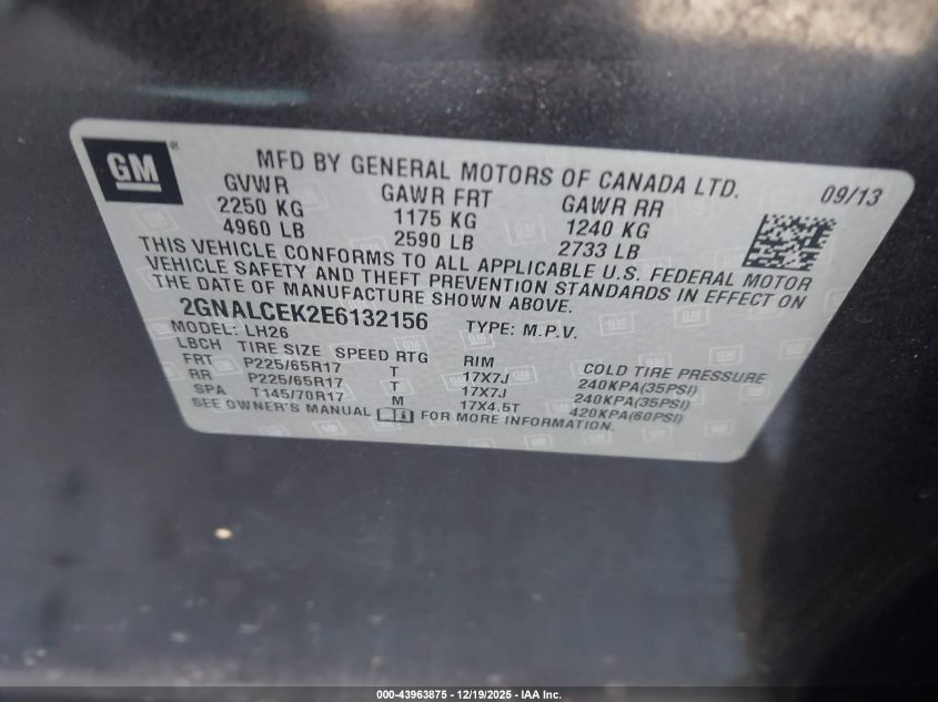 2014 Chevrolet Equinox 2Lt VIN: 2GNALCEK2E6132156 Lot: 43963875