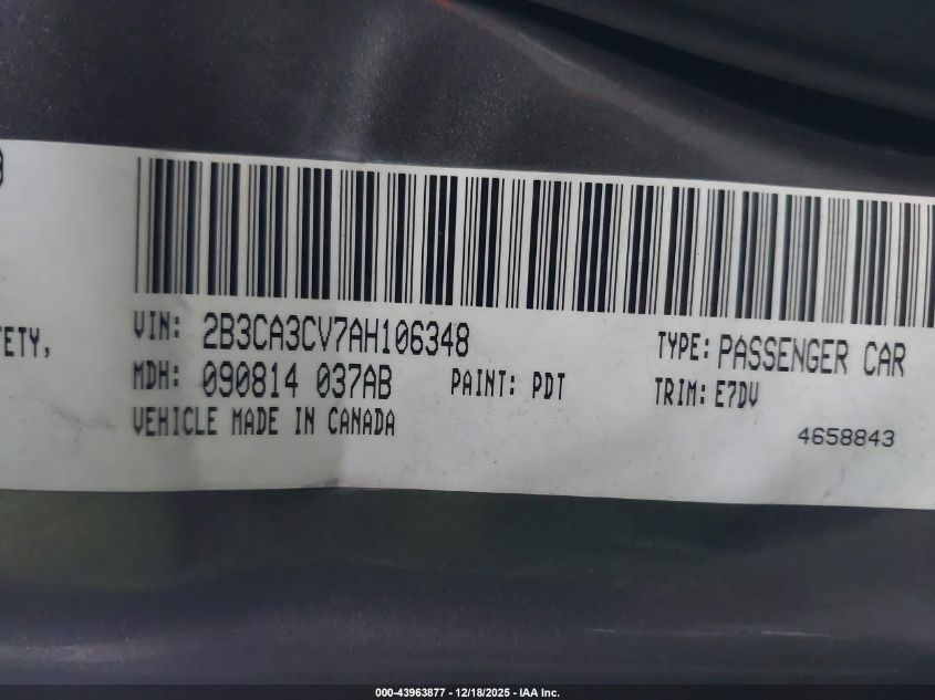 2010 Dodge Charger Sxt VIN: 2B3CA3CV7AH106348 Lot: 43963877