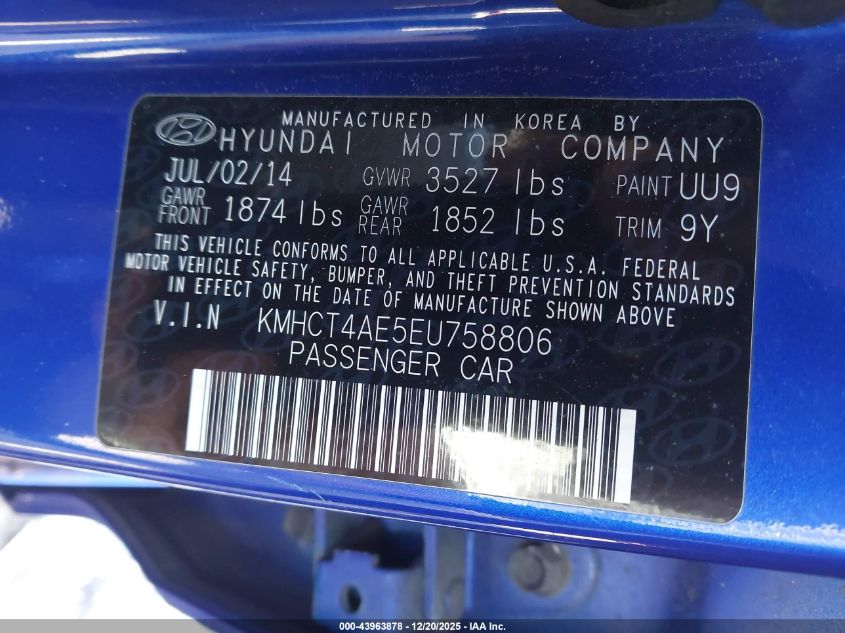 2014 Hyundai Accent Gls VIN: KMHCT4AE5EU758806 Lot: 43963878