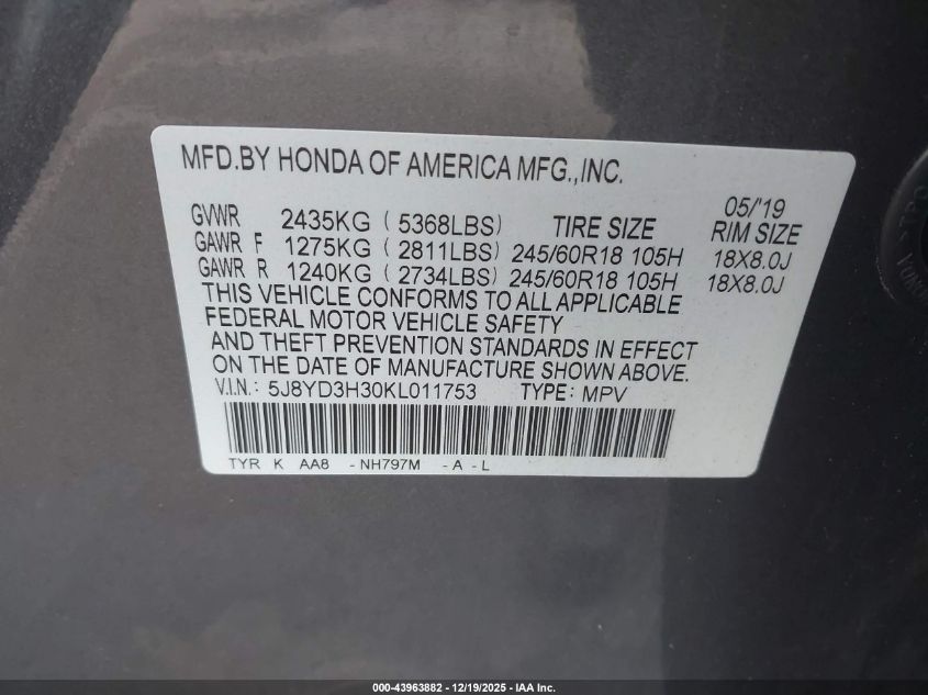 2019 Acura Mdx Standard VIN: 5J8YD3H30KL011753 Lot: 43963882