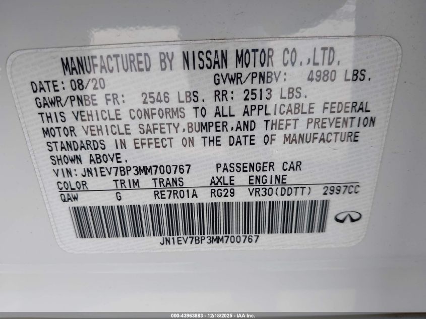 2021 Infiniti Q50 Luxe VIN: JN1EV7BP3MM700767 Lot: 43963883