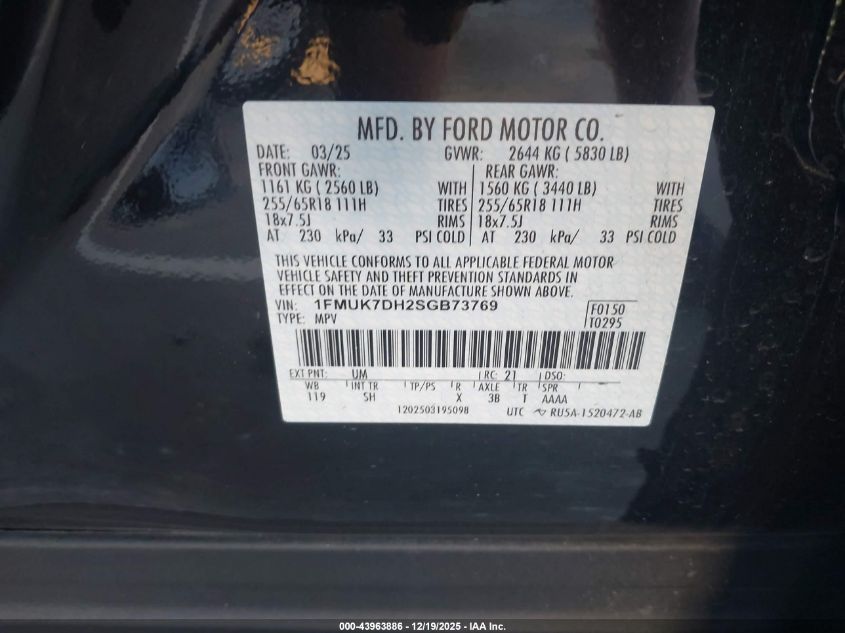 2025 Ford Explorer Active VIN: 1FMUK7DH2SGB73769 Lot: 43963886