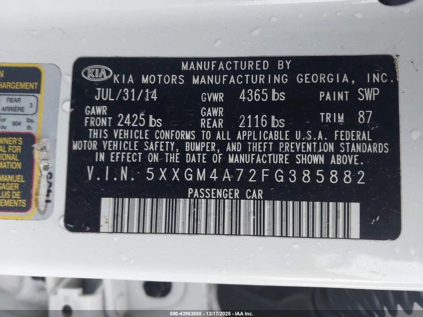 2015 Kia Optima Lx VIN: 5XXGM4A72FG385882 Lot: 43963888