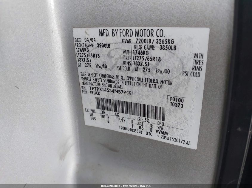 2004 Ford F-150 Fx4/Lariat/Xl/Xlt VIN: 1FTPX14534NB78581 Lot: 43963893