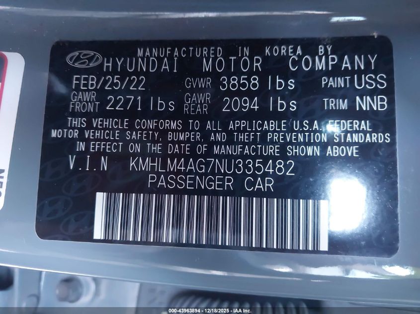 2022 Hyundai Elantra Sel VIN: KMHLM4AG7NU335482 Lot: 43963894