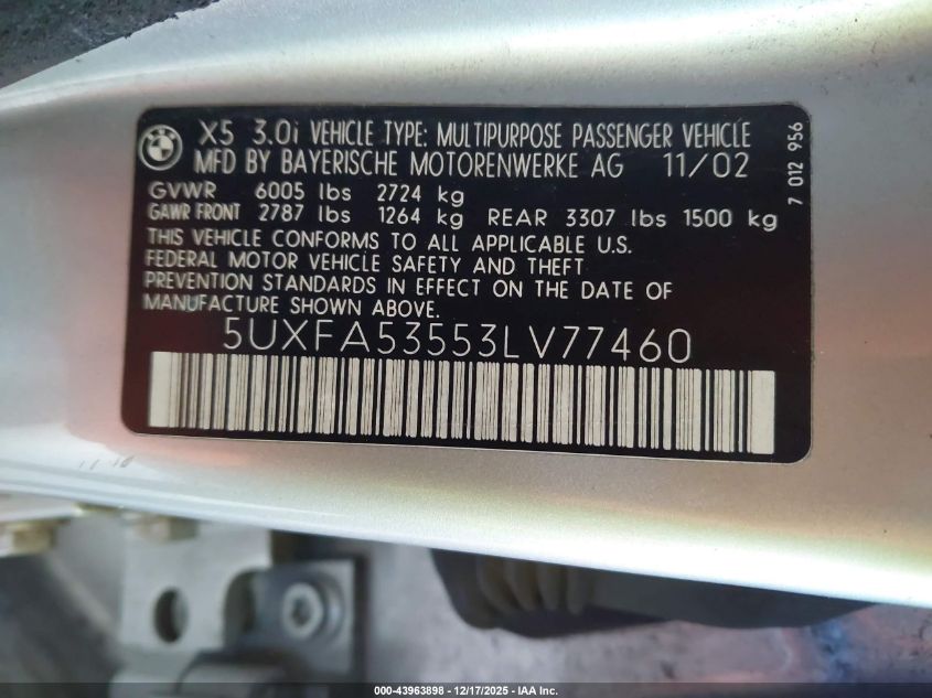2003 BMW X5 3.0I VIN: 5UXFA53553LV77460 Lot: 43963898