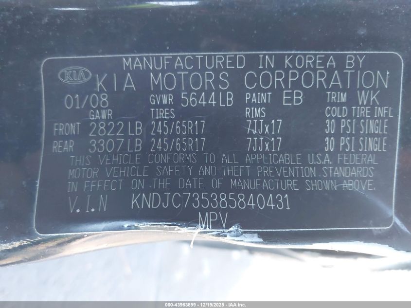 2008 Kia Sorento Lx VIN: KNDJC735385840431 Lot: 43963899