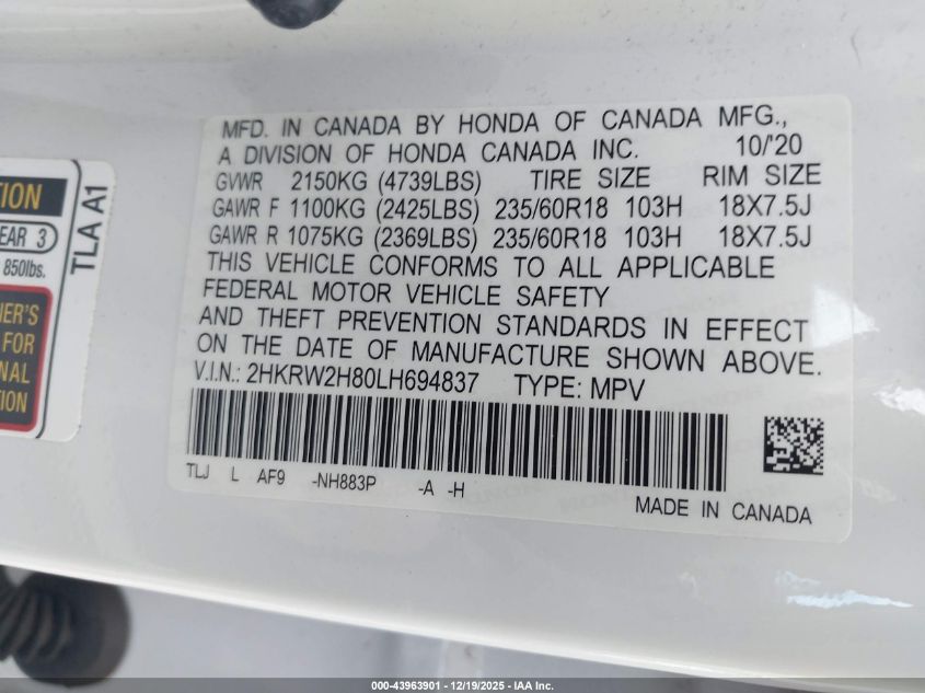 2020 Honda Cr-V Awd Ex-L VIN: 2HKRW2H80LH694837 Lot: 43963901