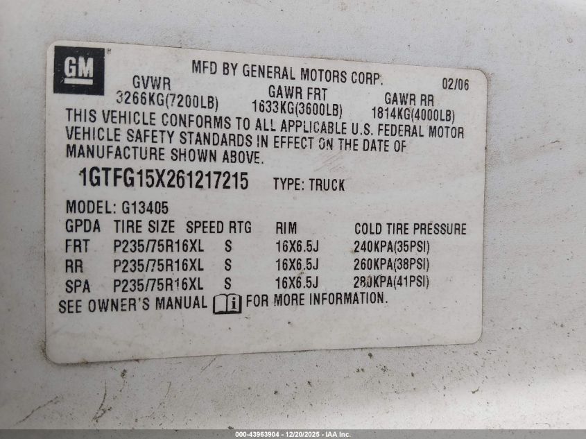 2006 GMC Savana Work Van VIN: 1GTFG15X261217215 Lot: 43963904