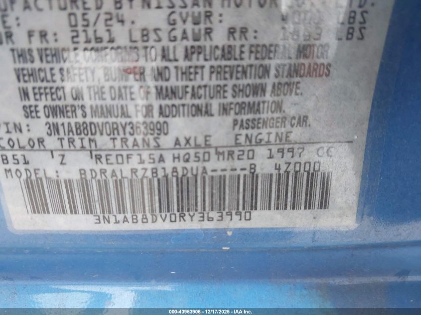 2024 Nissan Sentra Sr Xtronic Cvt VIN: 3N1AB8DV0RY363990 Lot: 43963906