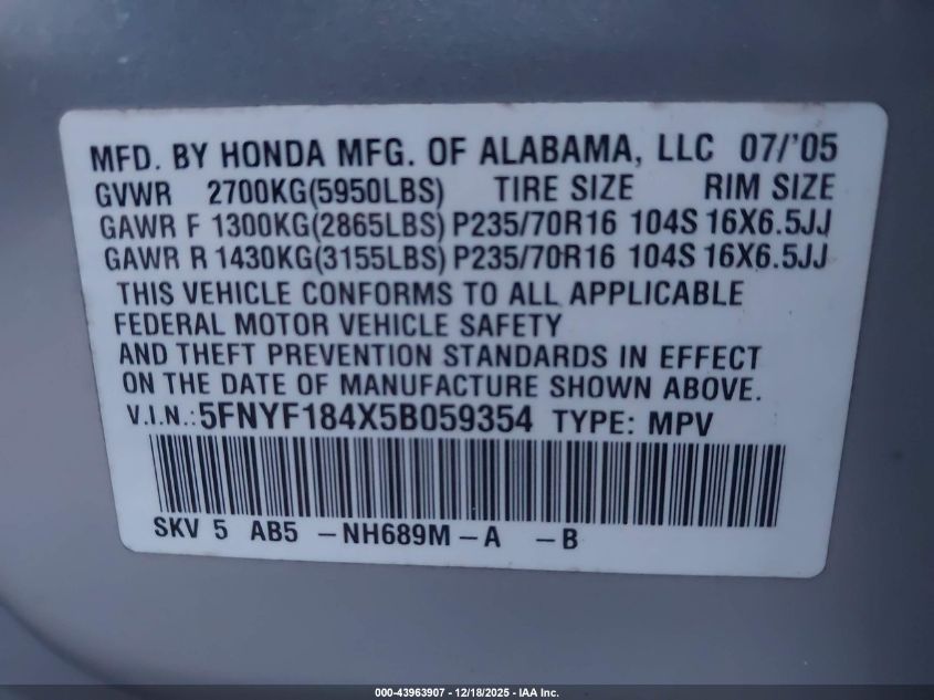 2005 Honda Pilot Ex VIN: 5FNYF184X5B059354 Lot: 43963907