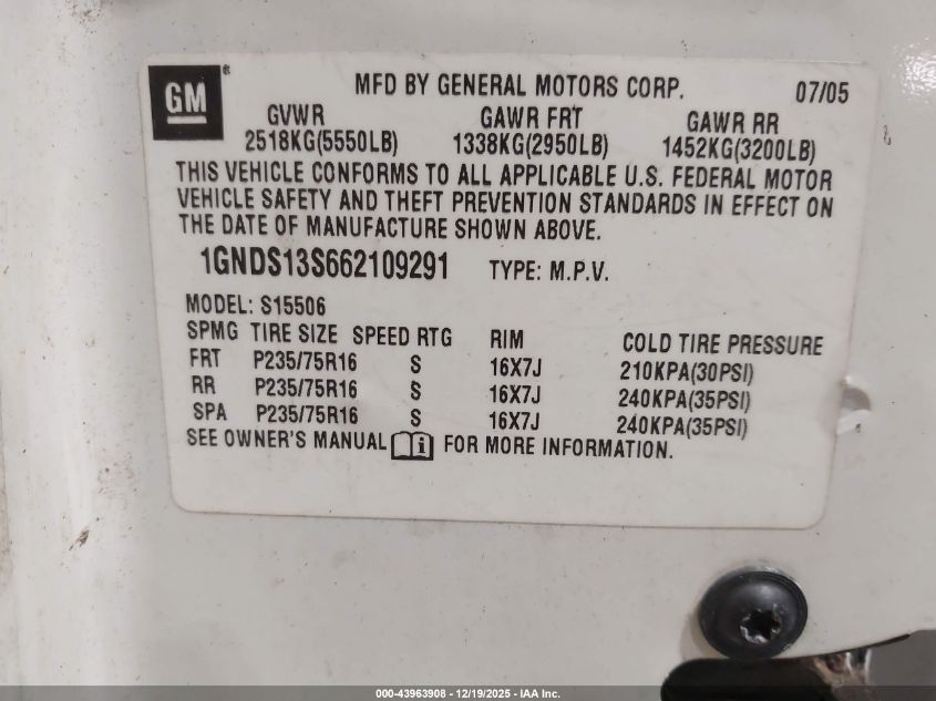 2006 Chevrolet Trailblazer Ls VIN: 1GNDS13S662109291 Lot: 43963908