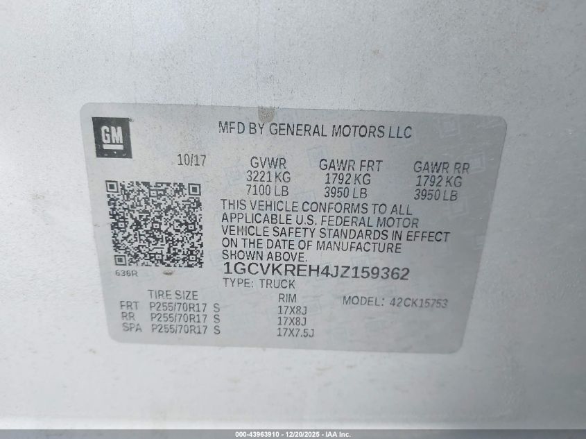 2018 Chevrolet Silverado 1500 1Lt VIN: 1GCVKREH4JZ159362 Lot: 43963910