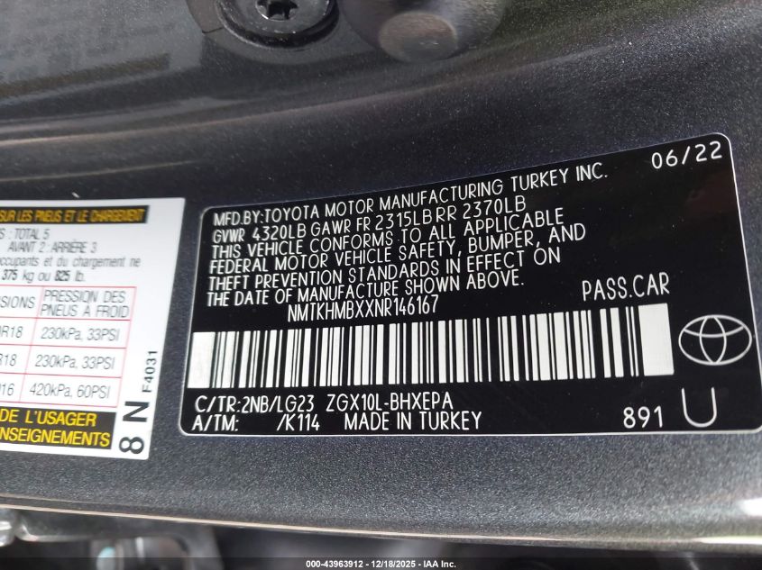 2022 Toyota C-Hr Limited VIN: NMTKHMBXXNR146167 Lot: 43963912