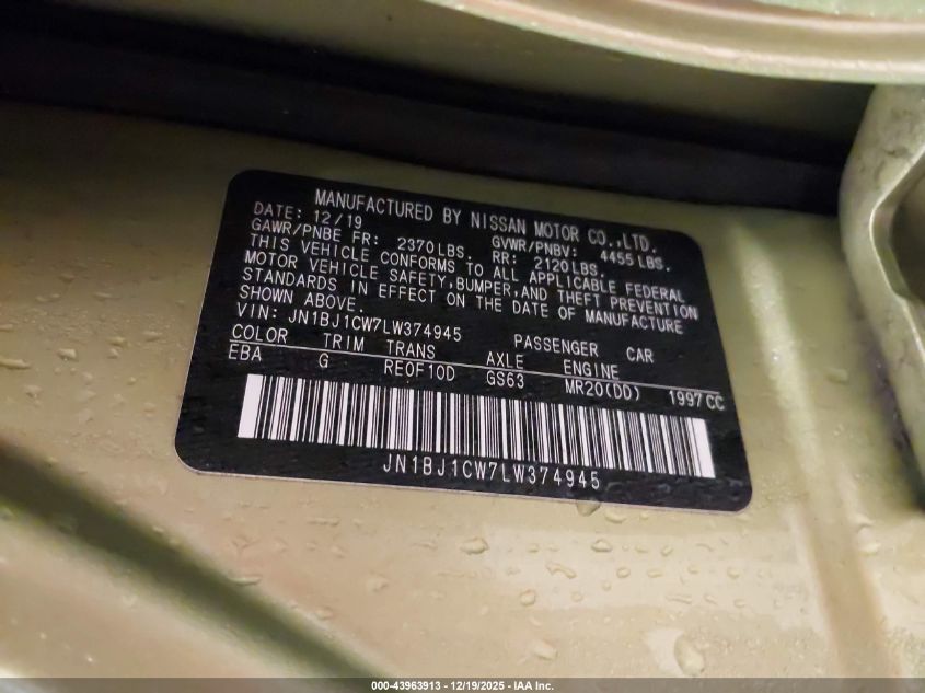 2020 Nissan Rogue Sport Sv Awd Xtronic Cvt VIN: JN1BJ1CW7LW374945 Lot: 43963913