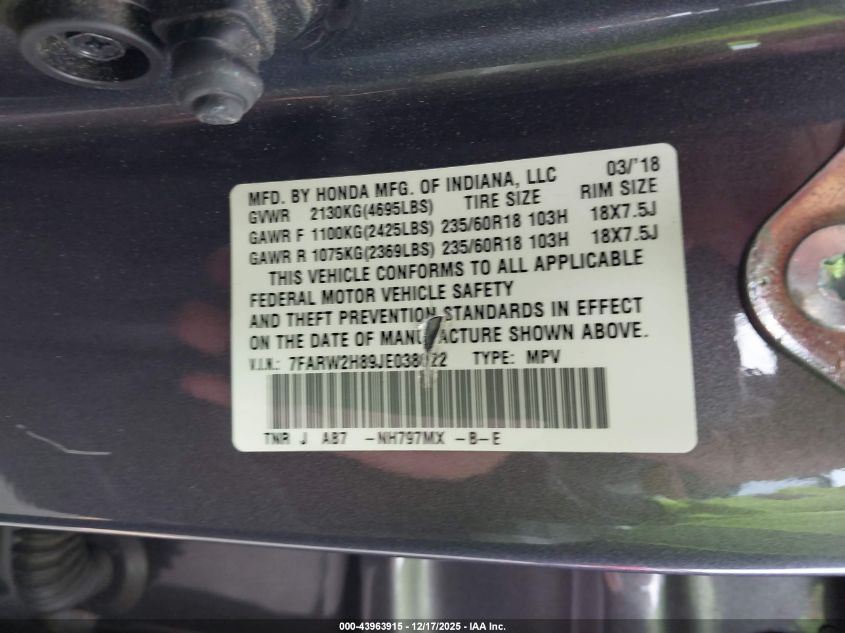 2018 Honda Cr-V Ex-L/Ex-L Navi VIN: 7FARW2H89JE396223 Lot: 43963915