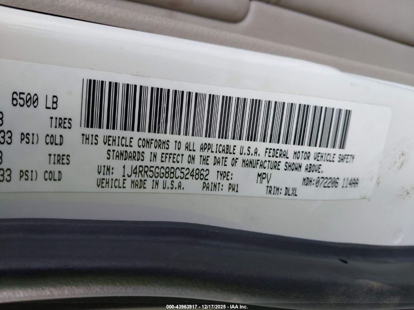 2011 Jeep Grand Cherokee Limited VIN: 1J4RR5GG8BC524862 Lot: 43963917
