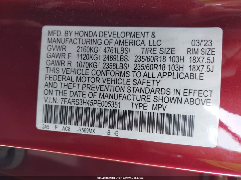 2023 Honda Cr-V Ex 2Wd VIN: 7FARS3H45PE005351 Lot: 43963918