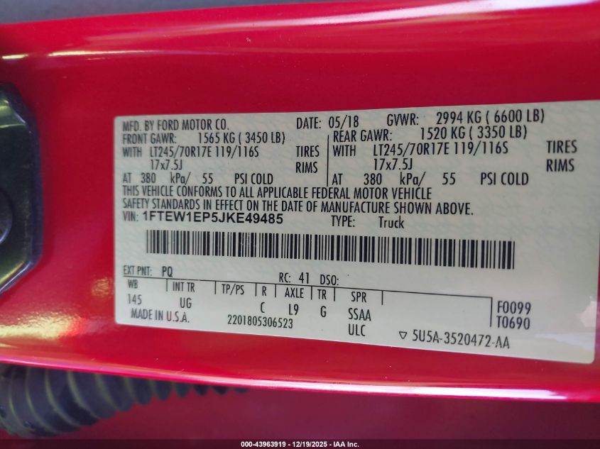2018 Ford F-150 Xlt VIN: 1FTEW1EP5JKE49485 Lot: 43963919