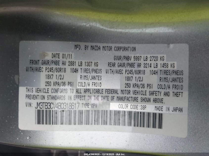 2011 Mazda Cx-9 Touring VIN: JM3TB3CV4B0318617 Lot: 43963920
