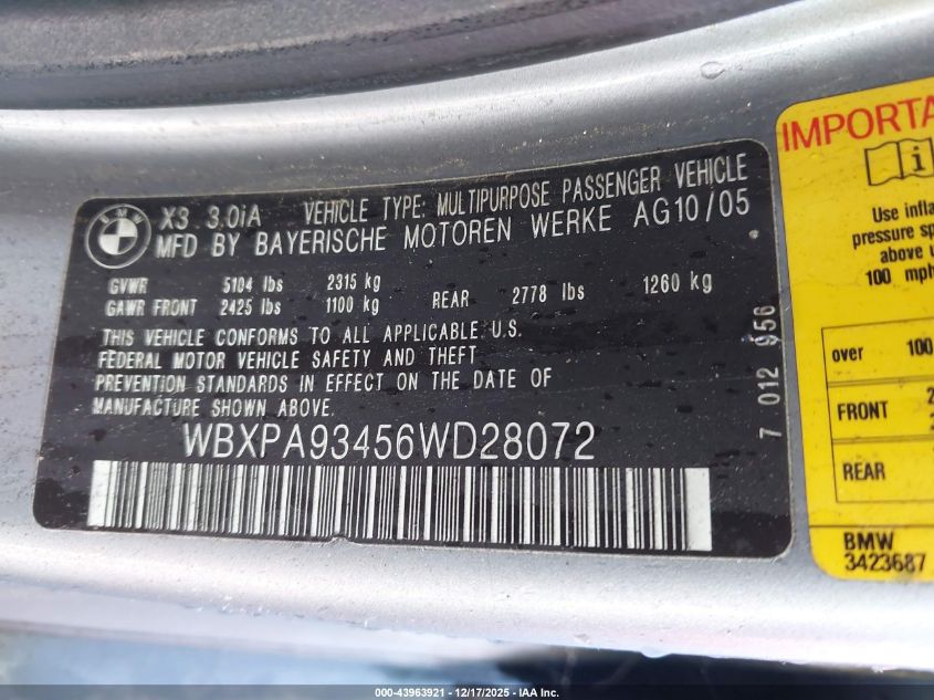2006 BMW X3 3.0I VIN: WBXPA93456WD28072 Lot: 43963921