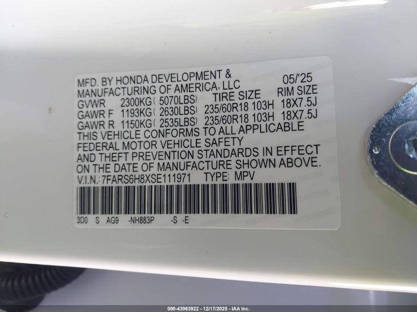 2025 Honda Cr-V Sport-L VIN: 7FARS6H8XSE111971 Lot: 43963922