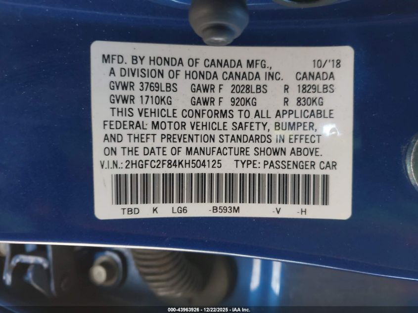 2019 Honda Civic Sport VIN: 2HGFC2F84KH504125 Lot: 43963926