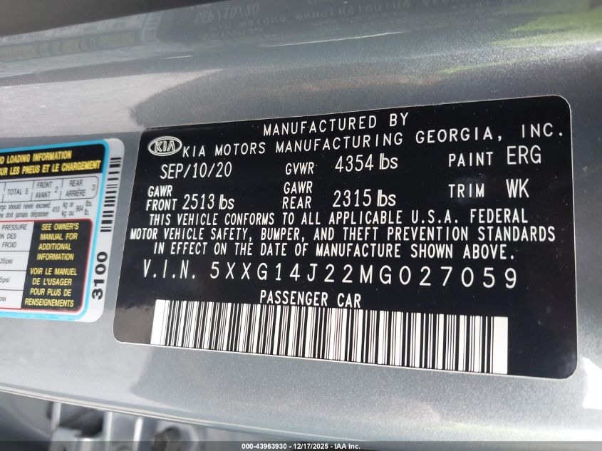 2021 Kia K5 Lxs VIN: 5XXG14J22MG027059 Lot: 43963930