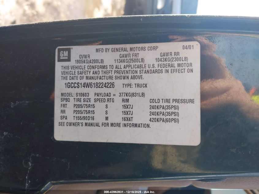 2001 Chevrolet S-10 VIN: 1GCCS14W618224226 Lot: 43963931