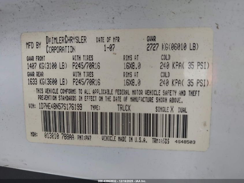 2007 Dodge Dakota Slt VIN: 1D7HE48N57S176199 Lot: 43963932