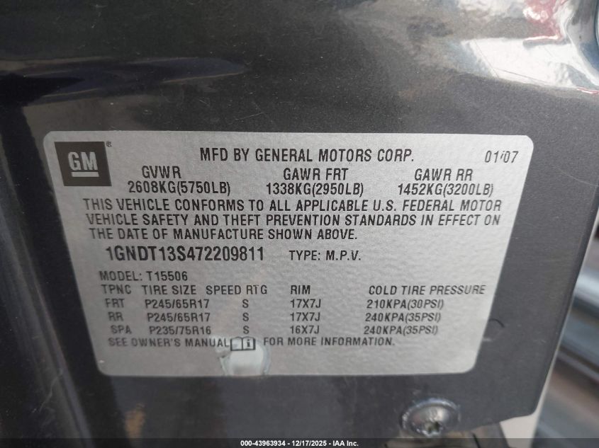 2007 Chevrolet Trailblazer Lt VIN: 1GNDT13S472209811 Lot: 43963934