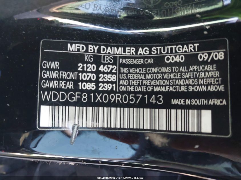 2009 Mercedes-Benz C 300 Luxury 4Matic/Sport 4Matic VIN: WDDGF81X09R057143 Lot: 43963936