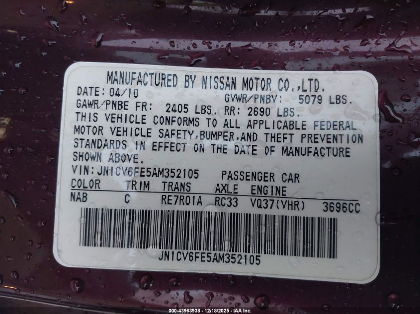 2010 Infiniti G37 VIN: JN1CV6FE5AM352105 Lot: 43963938