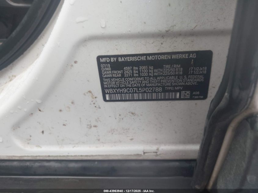 2020 BMW X2 Sdrive28I VIN: WBXYH9C07L5P02788 Lot: 43963940