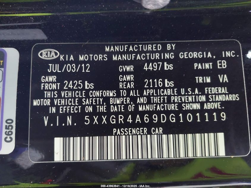 2013 Kia Optima Sx VIN: 5XXGR4A69DG101119 Lot: 43963941