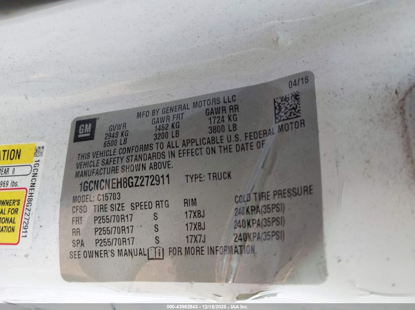 2016 Chevrolet Silverado 1500 Wt VIN: 1GCNCNEH8GZ272911 Lot: 43963943
