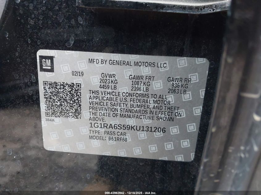 2019 Chevrolet Volt Lt VIN: 1G1RA6S59KU131206 Lot: 43963942