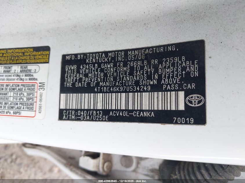 2007 Toyota Camry Le VIN: 4T1BE46K97U534249 Lot: 43963945