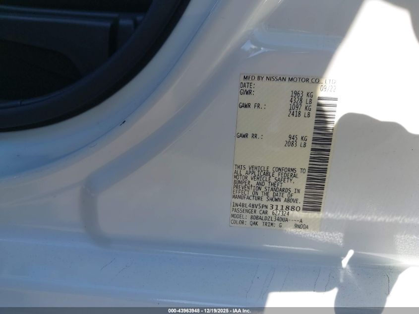 2023 Nissan Altima S Fwd VIN: 1N4BL4BV5PN311880 Lot: 43963948