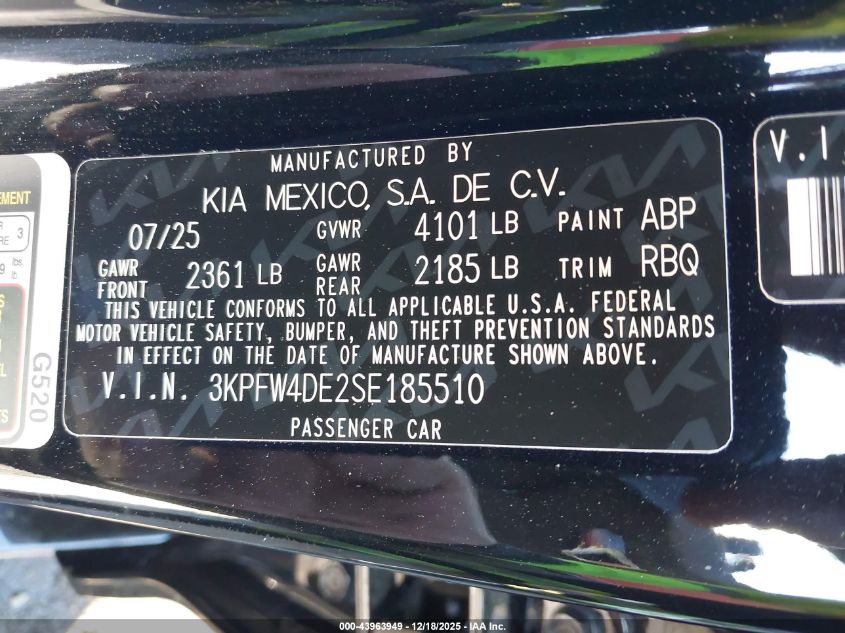 2025 Kia K4 Gt-Line VIN: 3KPFW4DE2SE185510 Lot: 43963949