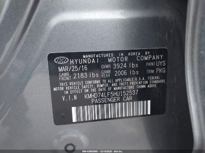 2017 Hyundai Elantra Se VIN: KMHD74LF5HU152537 Lot: 43963950