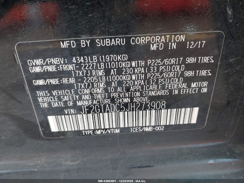 2018 Subaru Crosstrek 2.0I Premium VIN: JF2GTADC5JH273908 Lot: 43963951