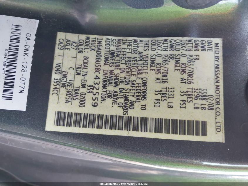 2008 Nissan Frontier Se VIN: 1N6AD06U58C432559 Lot: 43963952