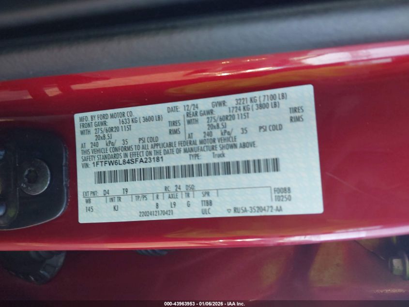 2025 Ford F-150 - 1FTFW6L84SFA23181