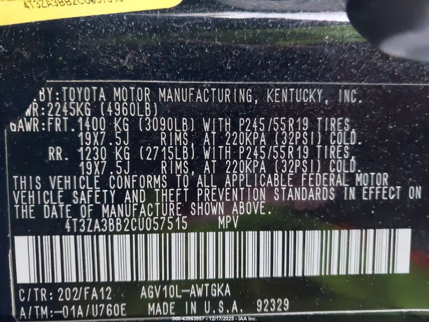 2012 Toyota Venza Le VIN: 4T3ZA3BB2CU057515 Lot: 43963957