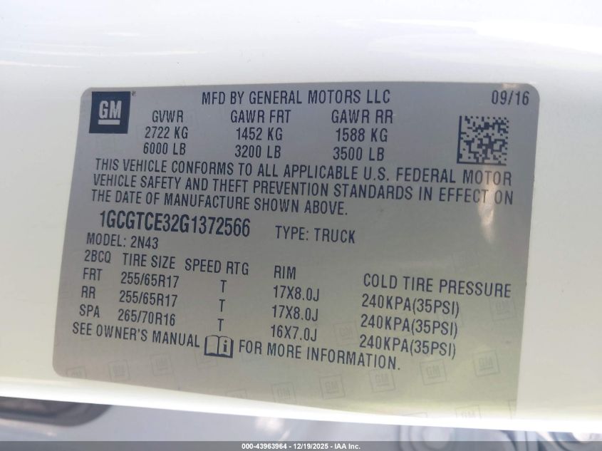 2016 Chevrolet Colorado Lt VIN: 1GCGTCE32G1372566 Lot: 43963964