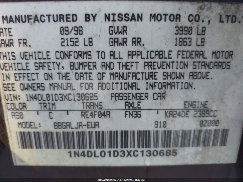 1999 Nissan Altima Gle/Gxe/Se/Se-L/Xe VIN: 1N4DL01D3XC130685 Lot: 43963965